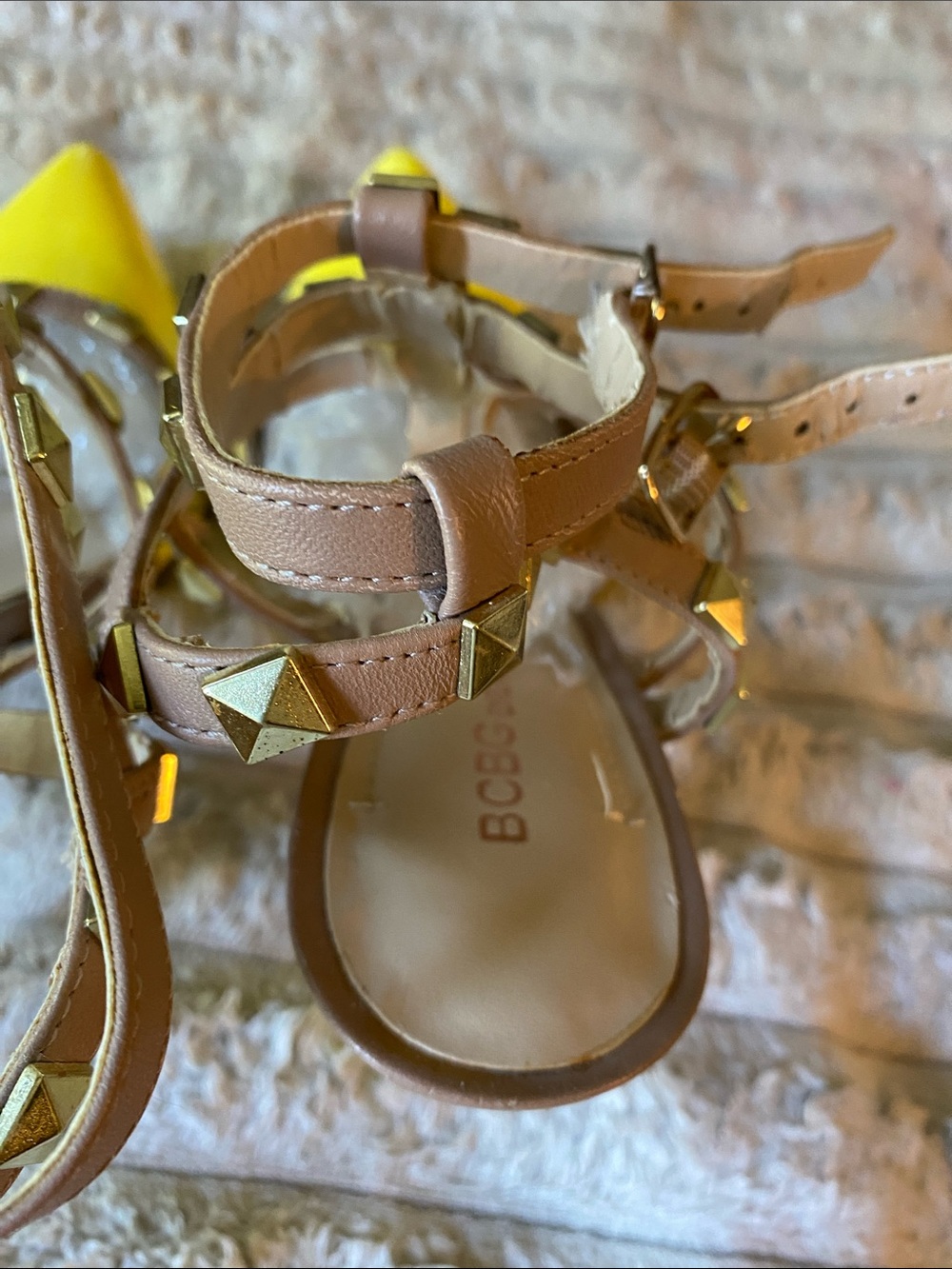 BCBGeneration Yellow Patent Pointed-Toe Studded Strappy Heels - Picture 7 of 7